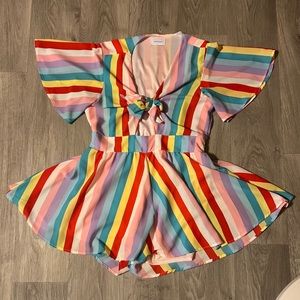 Adrienne Rainbow Stripe Romper from Red Dress boutique front tie romper!